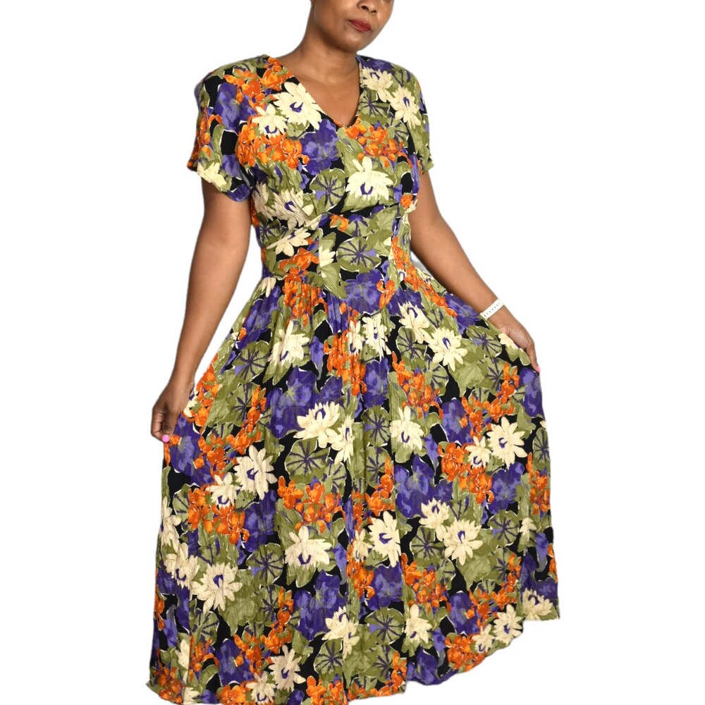 Vintage Floral Midi Dress Green Multicolor Rayon 80s Shoulder Pads Phoebe Small